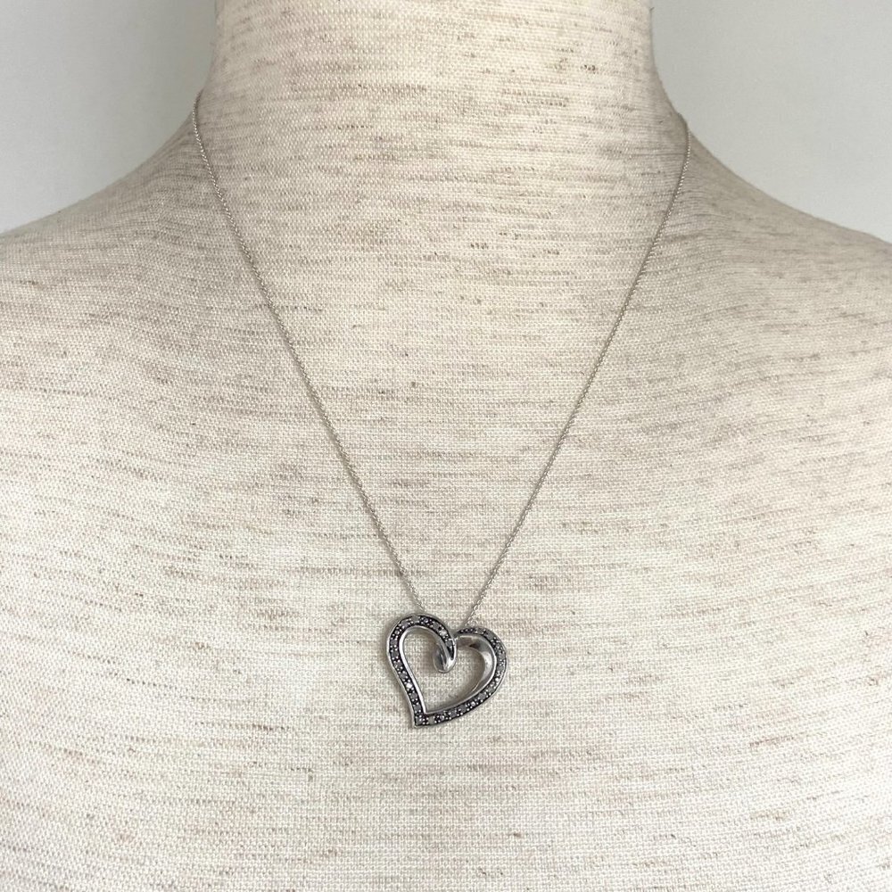 Sterling Silver 925 AFJC Diamond Asymmetric Heart Pendant Necklace 18" Chain